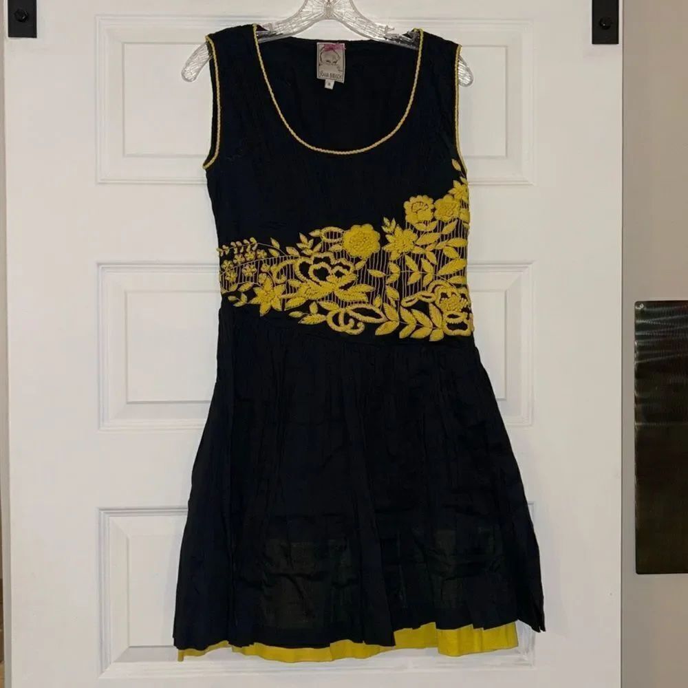 Anthropologie Yoana Baraschi Black & Yellow Embroidered Sun Dress